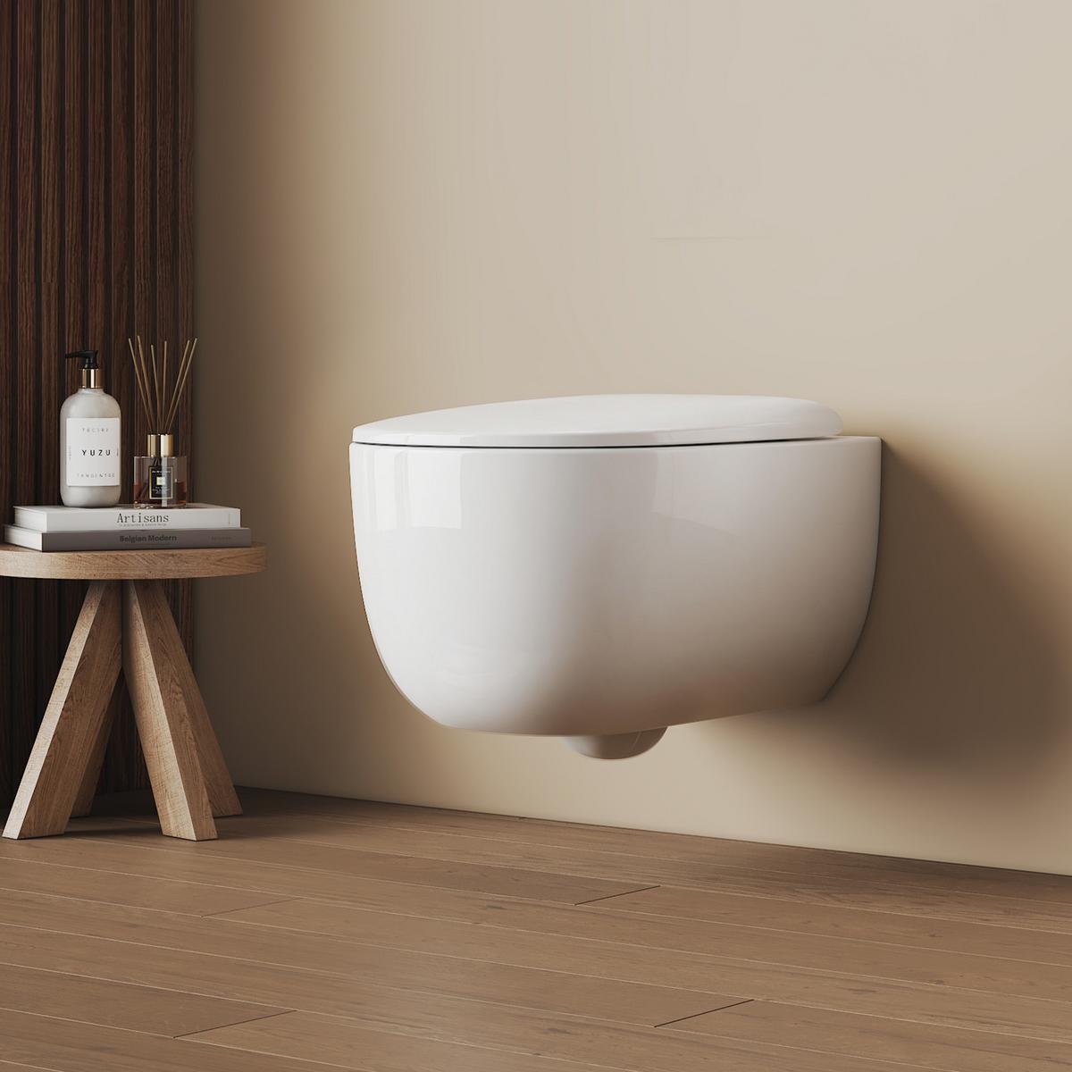 WAND-WC Set 55,5 x 36,5 cm inkl. WC-Sitz mit Absenkautomatik weiß glänzend - Weiß, Keramik (36.5/36/55.5cm) - EMKE