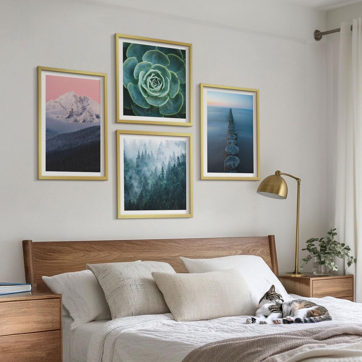 BILDER SET 4er Set - 50x50 cm & 40x60 cm Goldrahmen - Berge, rosa Himmel, Wasser, Sukkulente - Goldfarben, Kunststoff (50/50cm) - TULUP