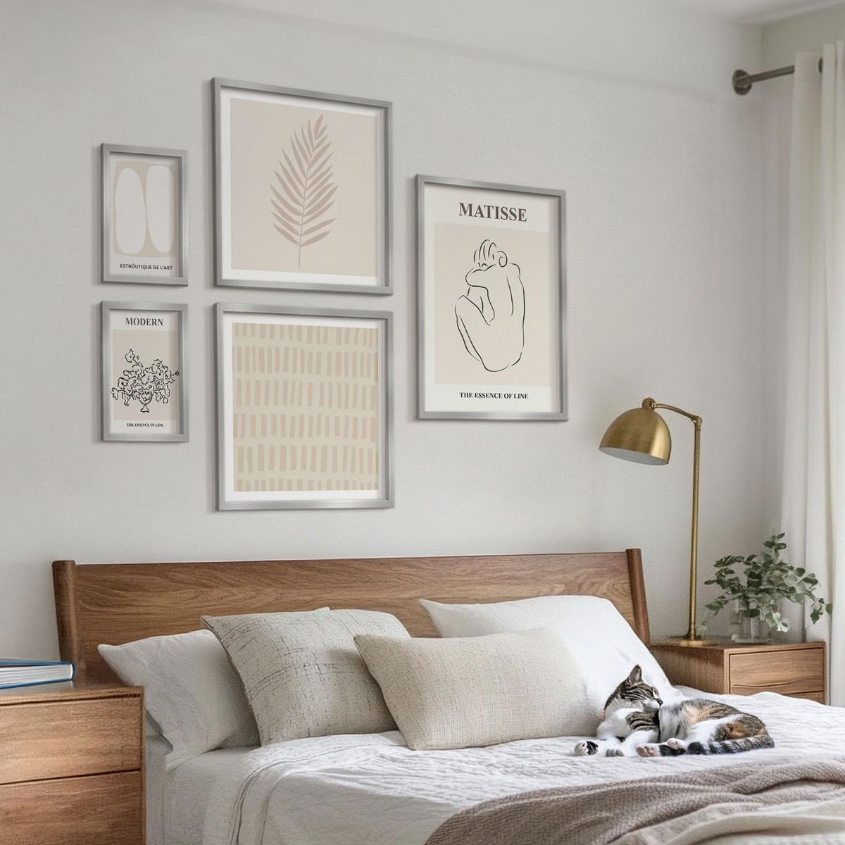 BILDER SET 5er Set - 50x50 cm & 20x30 cm & 40x60 cm Silberner Rahmen - Linien, Formen, Beige, Weiß - Silberfarben, Kunststoff (40/60cm) - TULUP