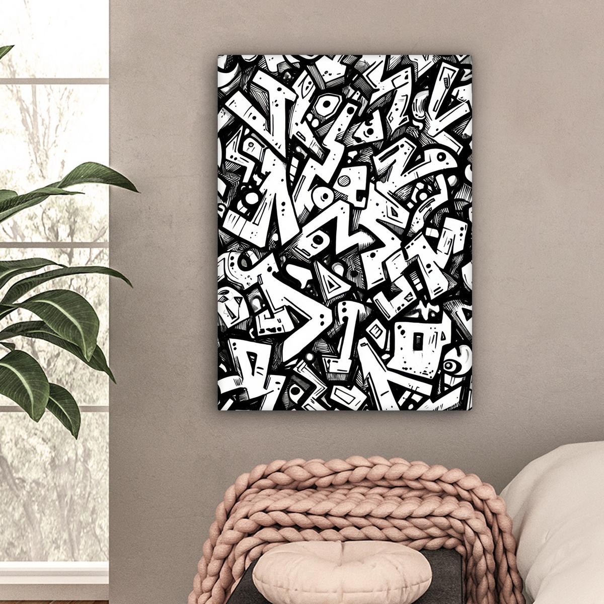 LEINWANDBILD Formen - Buchstaben - Graffiti - Schwarz Wandbild Wohnzimmer 60x80 cm - Schwarz, Textil (60/80cm) - MuchoWow