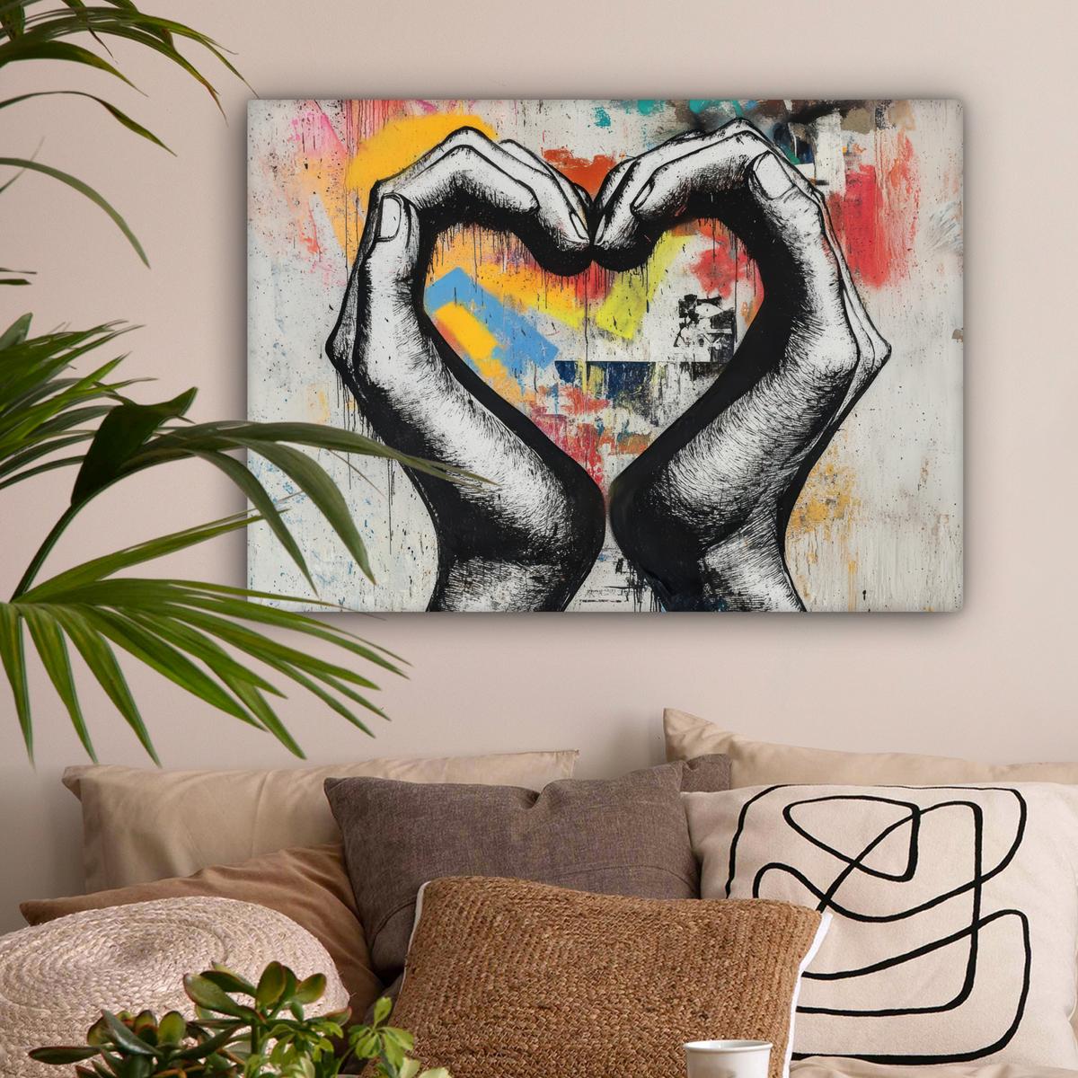 LEINWANDBILD Hände - Herz - Straßenkunst - Graffiti Wandbilder 80x60 cm - Multicolor, Textil (80/60cm) - MuchoWow