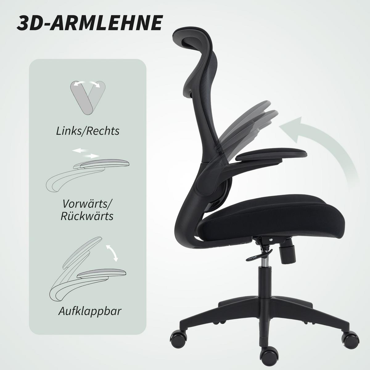 BÜROSTUHL mit 3D-Armlehnen Netzbespannung Kopfstütze Ergonomisch - Schwarz, Kunststoff/Textil (64/118/65cm) - HOMCOM