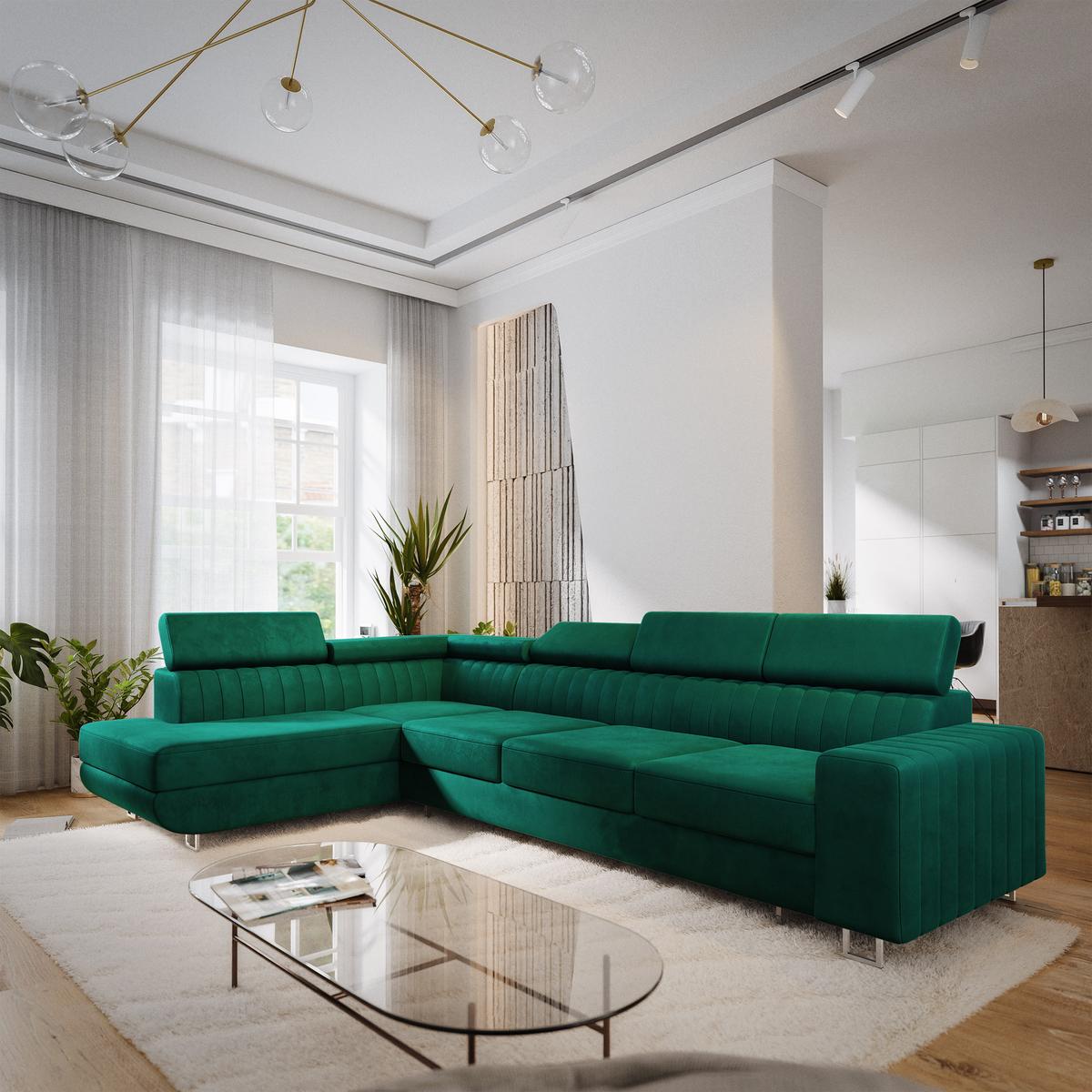 ECKSOFA HESTION Grün Velours-Stoff mit Schlaffunktion - Grün, Holz (332/190cm) - MASSENO