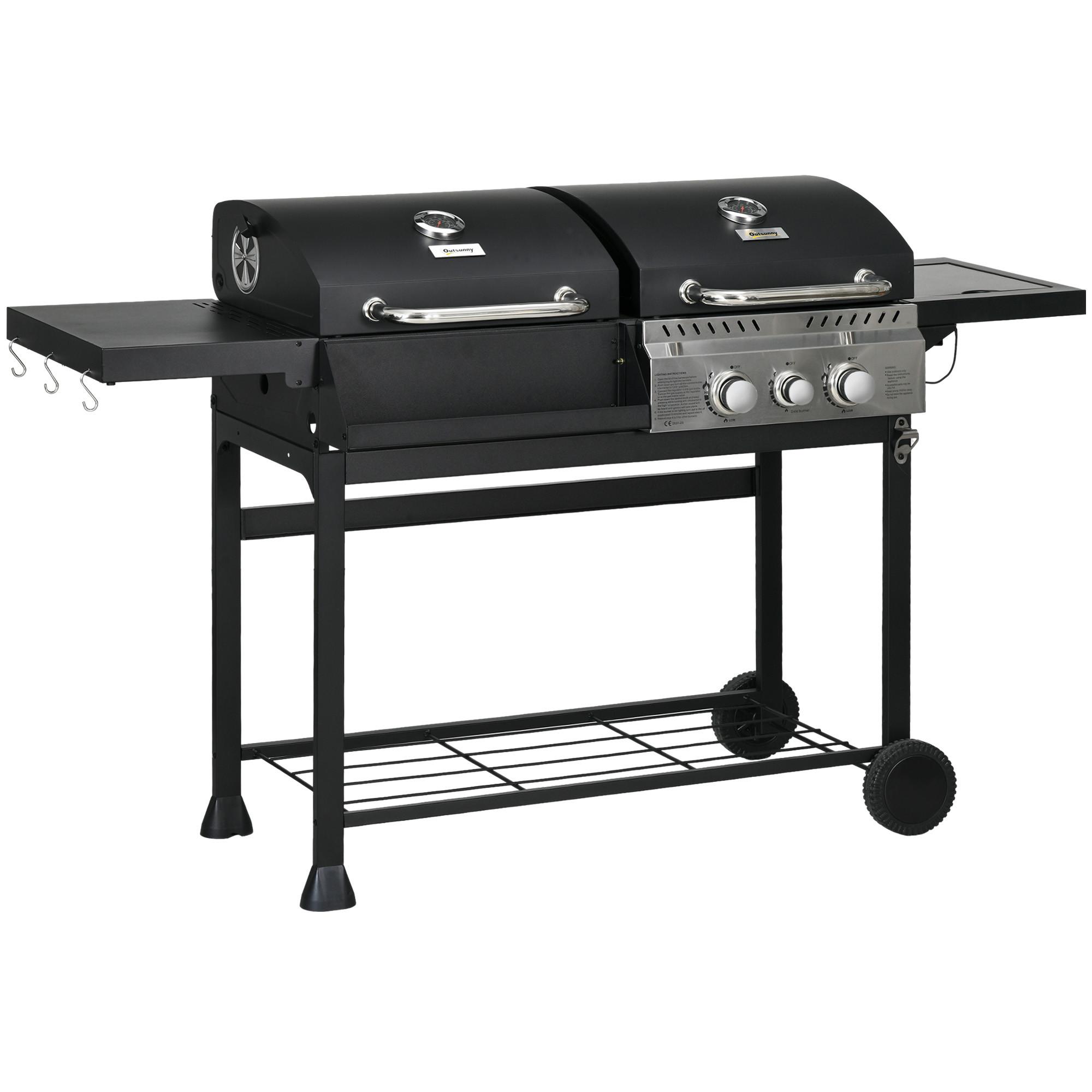 GASGRILL mit 2+1 Brenner, Thermometer, 3kW BBQ Holzkohlgrill mit Regal - Schwarz, Metall (54/103/161cm) - Outsunny