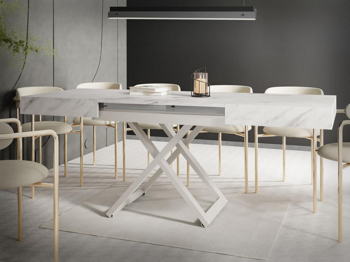 COUCHTISCH Cavetta U höhenverstellbar ausziehbar, Marmor Weiß 120-200/80/27-76 cm - Ecru/Kaschmir, Holzwerkstoff/Metall (80/120/76cm) - WFL GROUP