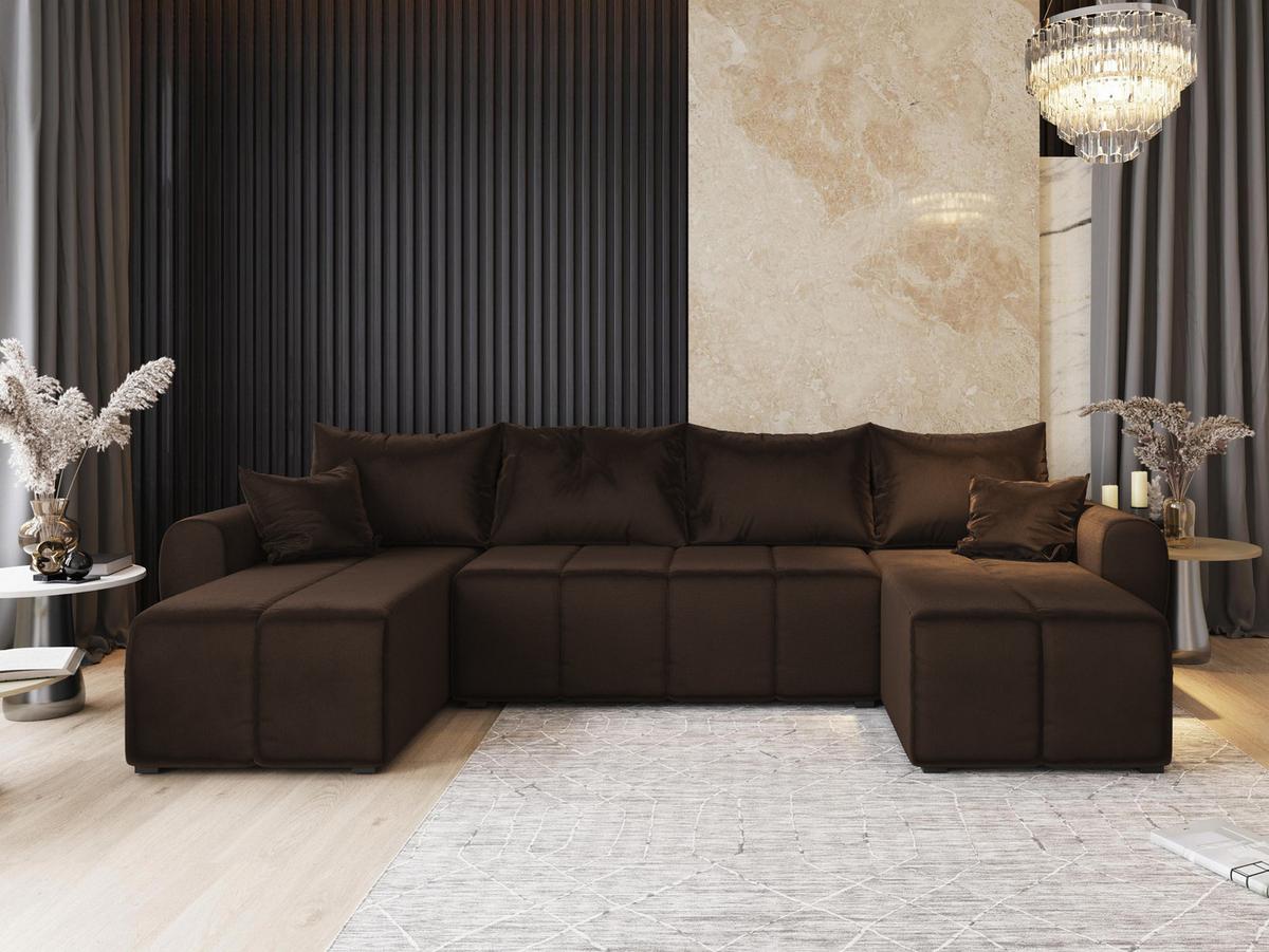 WOHNLANDSCHAFT MADISON U Braun Plüsch-Stoff mit Schlaffunktion - Schwarz/Braun, Holz/Kunststoff (311/82/145cm) - MASSENO