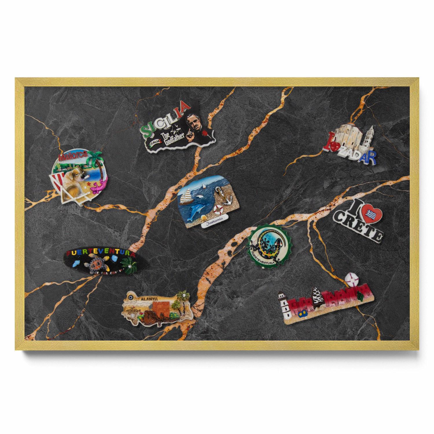 MAGNETTAFEL 60x40 cm Goldener Rahmen Verzierte Dunkle Marmoroptik - Schwarz Hochglanz, Metall (60/50/0.4cm) - TULUP