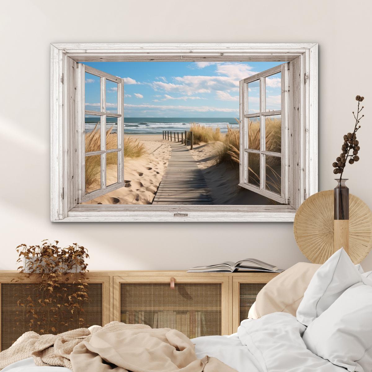 METALLBILD Fenster - Meer - Küste - Natur - Ausblick - Strand - Wattenmeer Wanddeko 90x60 cm - Beige, Metall (90/60cm) - MuchoWow