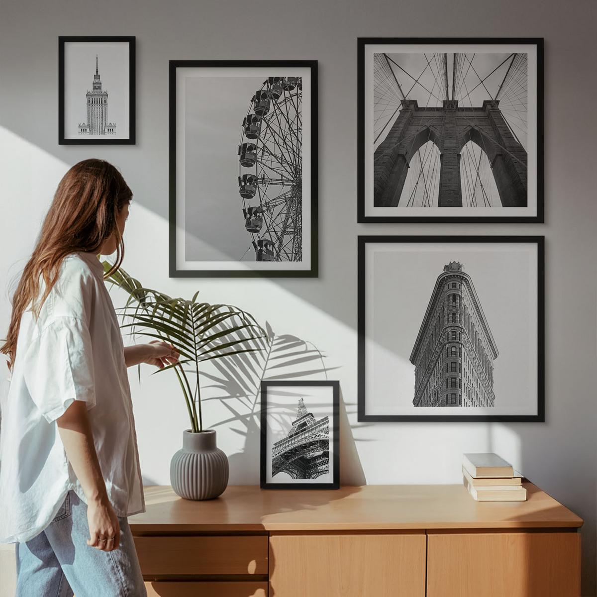 BILDER SET 5er Set - 50x50 cm & 20x30 cm & 40x60 cm Schwarzer Rahmen - Architektur Schwarz-Weiß-Minimalismus - Schwarz, Kunststoff (40/60cm) - TULUP