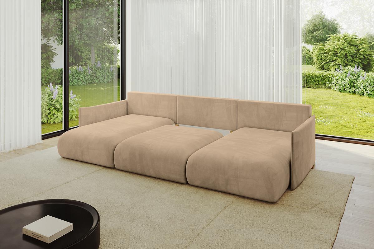 WOHNLANDSCHAFT mit Schlaffunktion und Bettkasten ONESK-U 317x177x72 Beige Velours - Beige, Holzwerkstoff/Kunststoff (317/72/177cm) - ALTDECOR