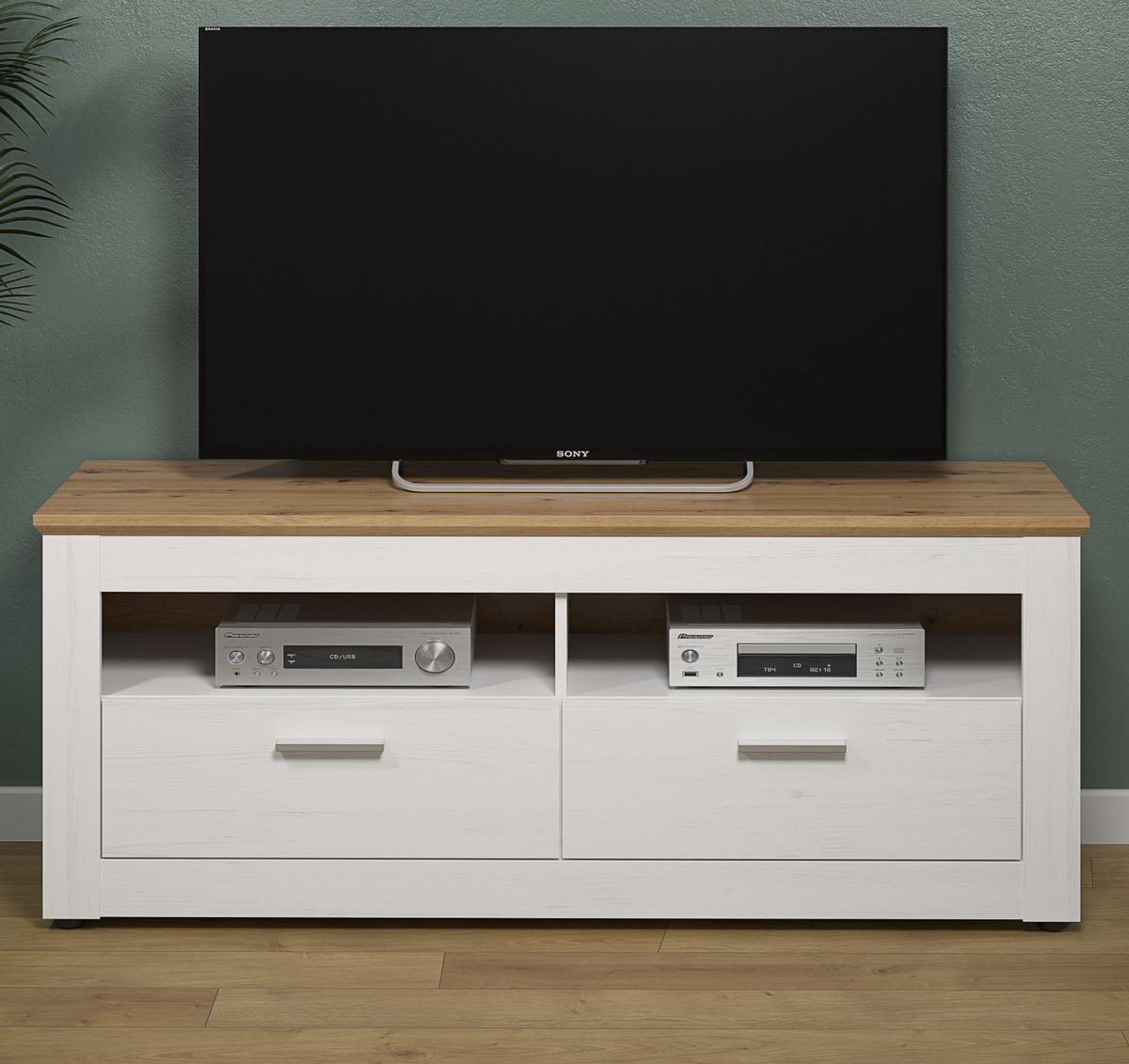 TV-LOWBOARD Pinie weiß, Eiche Artisan Landhaus 148 x 59 cm, Fernsehtisch in Komforthöhe - Silberfarben/Schwarz, Holzwerkstoff/Kunststoff (148/59/45cm) - Top.Furn
