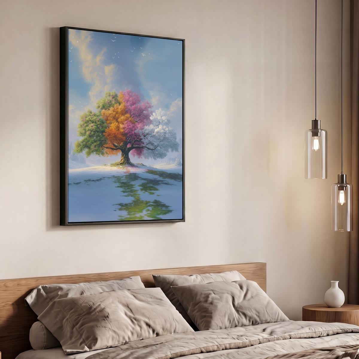 LEINWAND Bilder mit Rahmen - Baum - Jahreszeiten - Winter - Landschaft - 70x100 - Multicolor, Textil (70/100cm) - MuchoWow