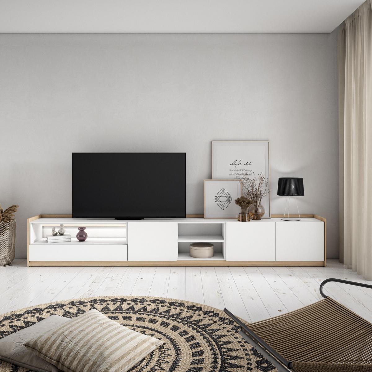 LOWBOARD, Weiß und Eiche, 310/37/50cm, mit Led - Weiß, Holzwerkstoff (310/50/37cm) - Skraut Home