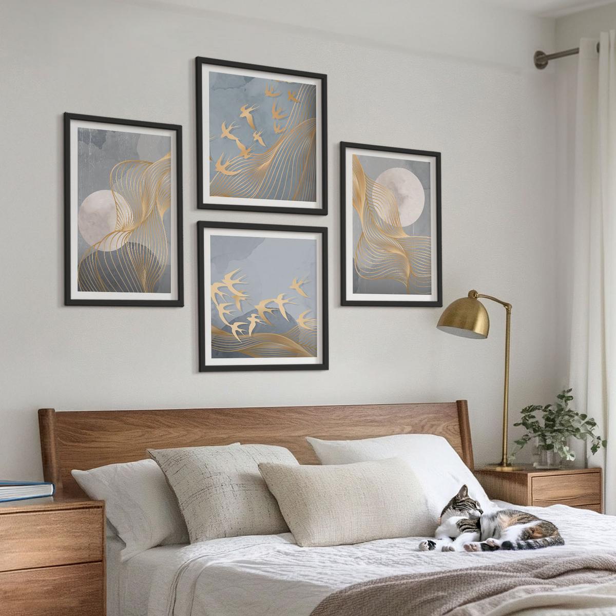 BILDER SET 4er Set - 50x50 cm & 40x60 cm Schwarzer Rahmen - Abstrakte Wellenkreise, grau - Schwarz, Kunststoff (50/50cm) - TULUP
