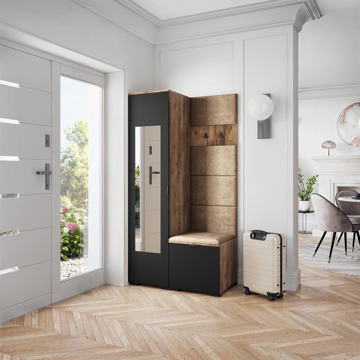 GARDEROBENSCHRANK VIRA 95/181/51 cm Modern Garderobe-Set Eiche Lefkas - Eichefarben/Schwarz, Holzwerkstoff (95/181/51cm) - MASSENO