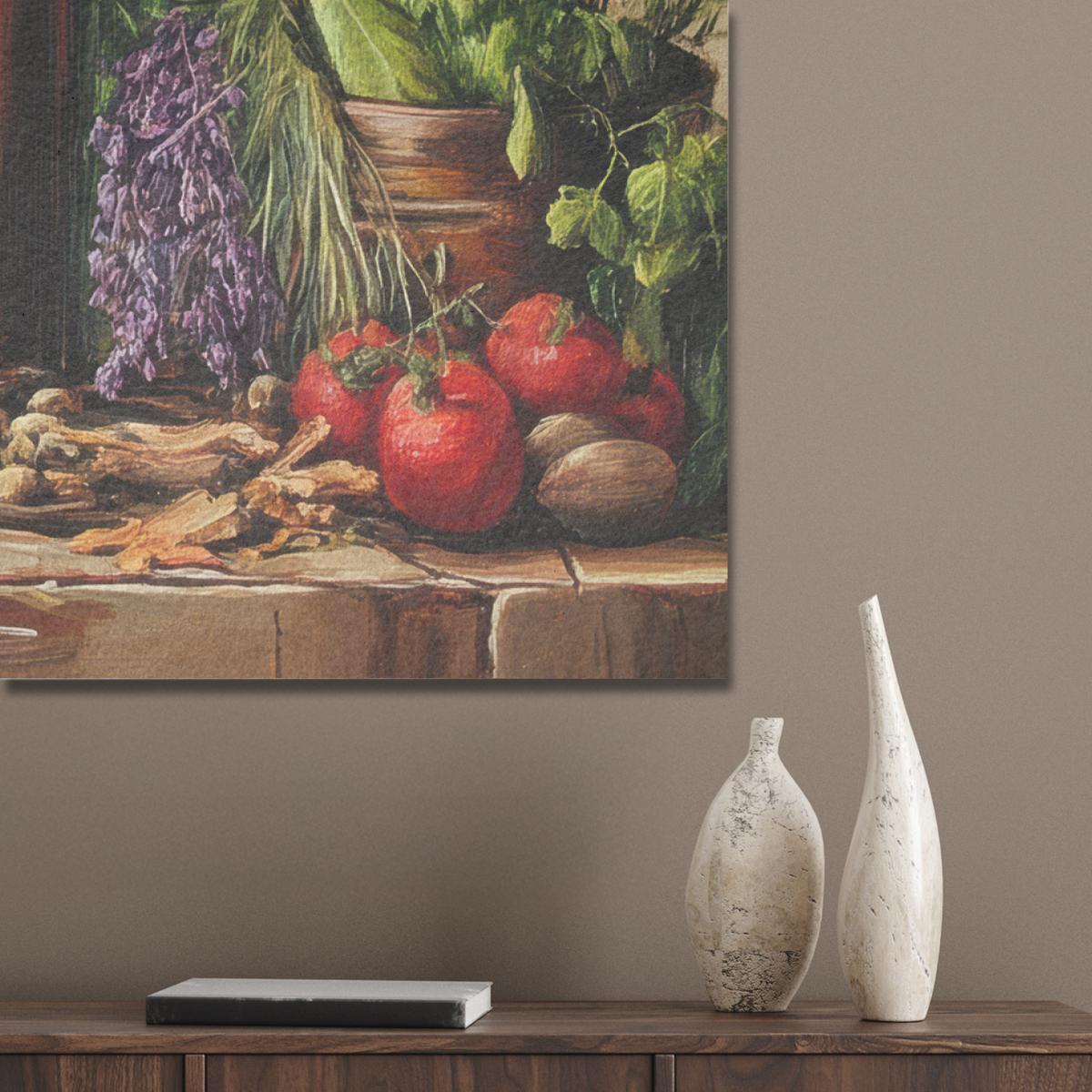 AKUSTIKBILD Stilleben - Kräuter - Gewürze - Früchte - Farbenfroh Wandbild Wohnzimmer 100x70 cm - Grün, Kunststoff (100/70/0.9cm) - MuchoWow