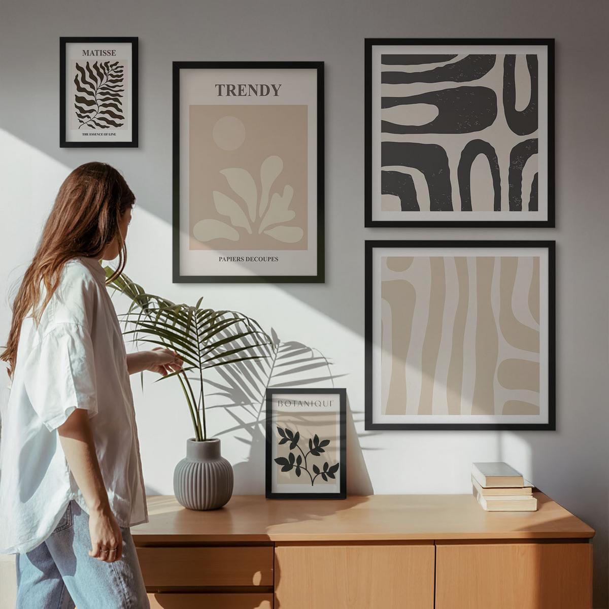 BILDER SET 5er Set - 50x50 cm & 20x30 cm & 40x60 cm Schwarzer Rahmen - Stilvolle Pflanzenmuster in Beige und Schwarz - Schwarz, Kunststoff (40/60cm) - TULUP