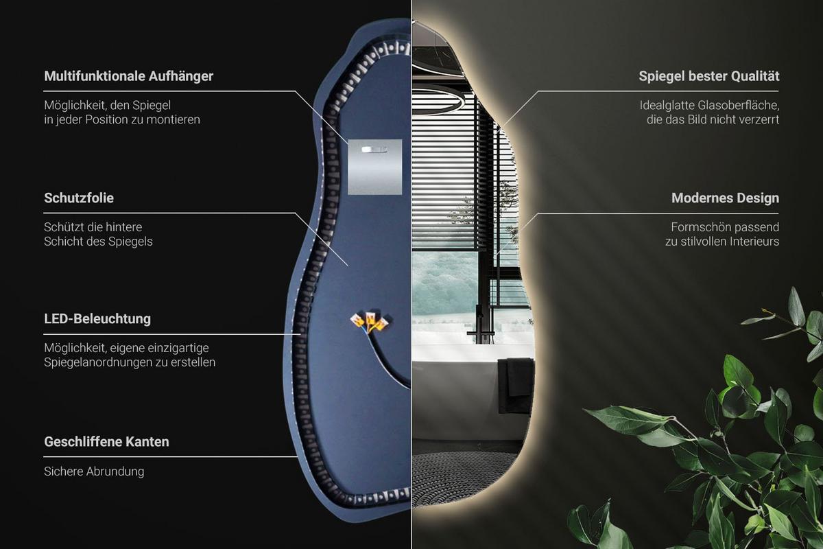 LED-SPIEGEL 40x80 cm Asymmetrisch Warmweiß 3000K - Gelb, Glas (40/80/0.4cm) - Wallfluent