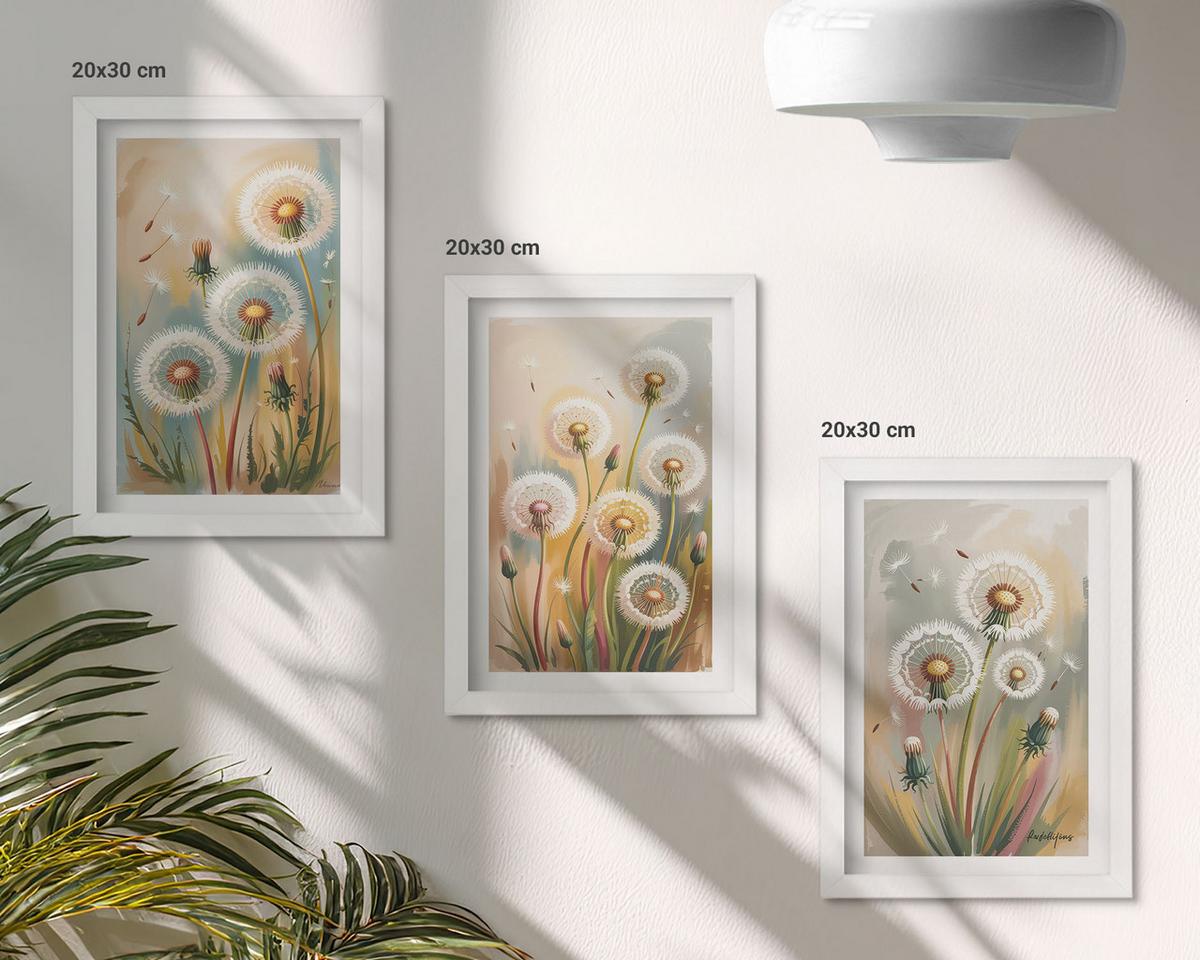 BILDER SET 3er Set - 20x30 cm Weißer Rahmen - Löwenzahnblüten, pastellfarbene Gräser - Weiß, Kunststoff (20/30cm) - TULUP