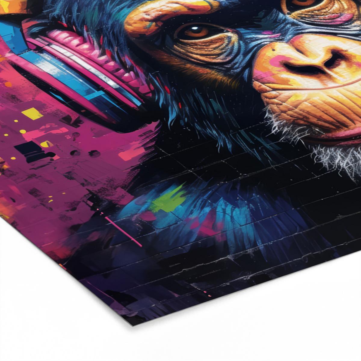 POSTER MIT RAHMEN Graffiti - Schimpanse - Straßenkunst - Kopfhörer - Affe 30x20 cm - Blau, Papier (30/20cm) - MuchoWow