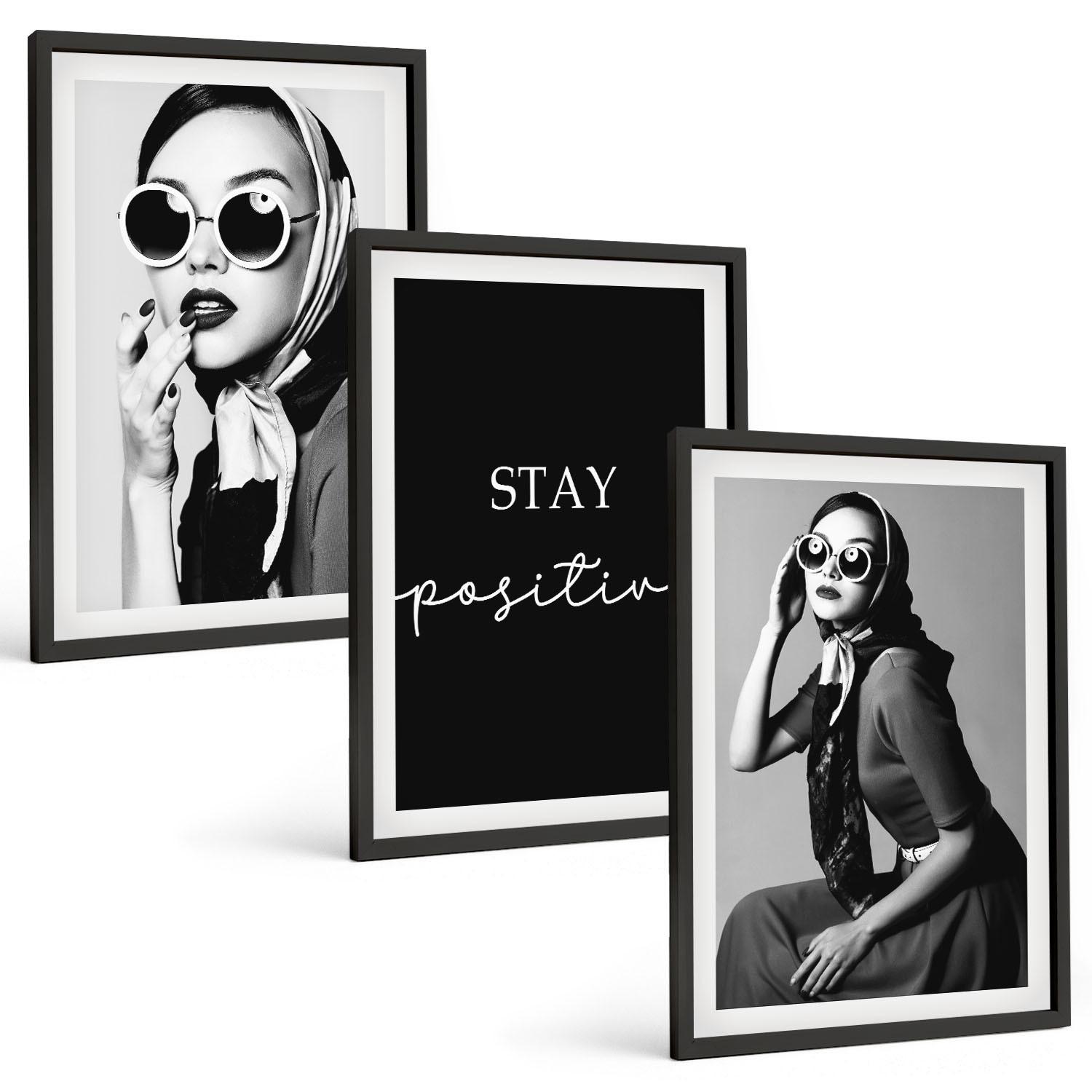 BILDER SET 3er Set - 40x60 cm Schwarzer Rahmen - Stilvolle Porträts von Frauen mit Brille - Schwarz, Kunststoff (40/60cm) - TULUP
