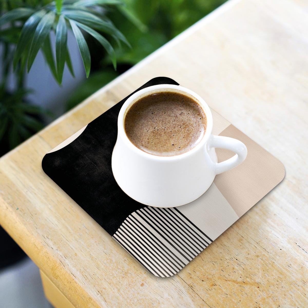 GLASUNTERSETZER 6er-Set Abstrakt - Japandi - Beige - Modern Tischuntersetzer 10x10 cm - Schwarz, Naturmaterialien (10/0.2cm) - MuchoWow
