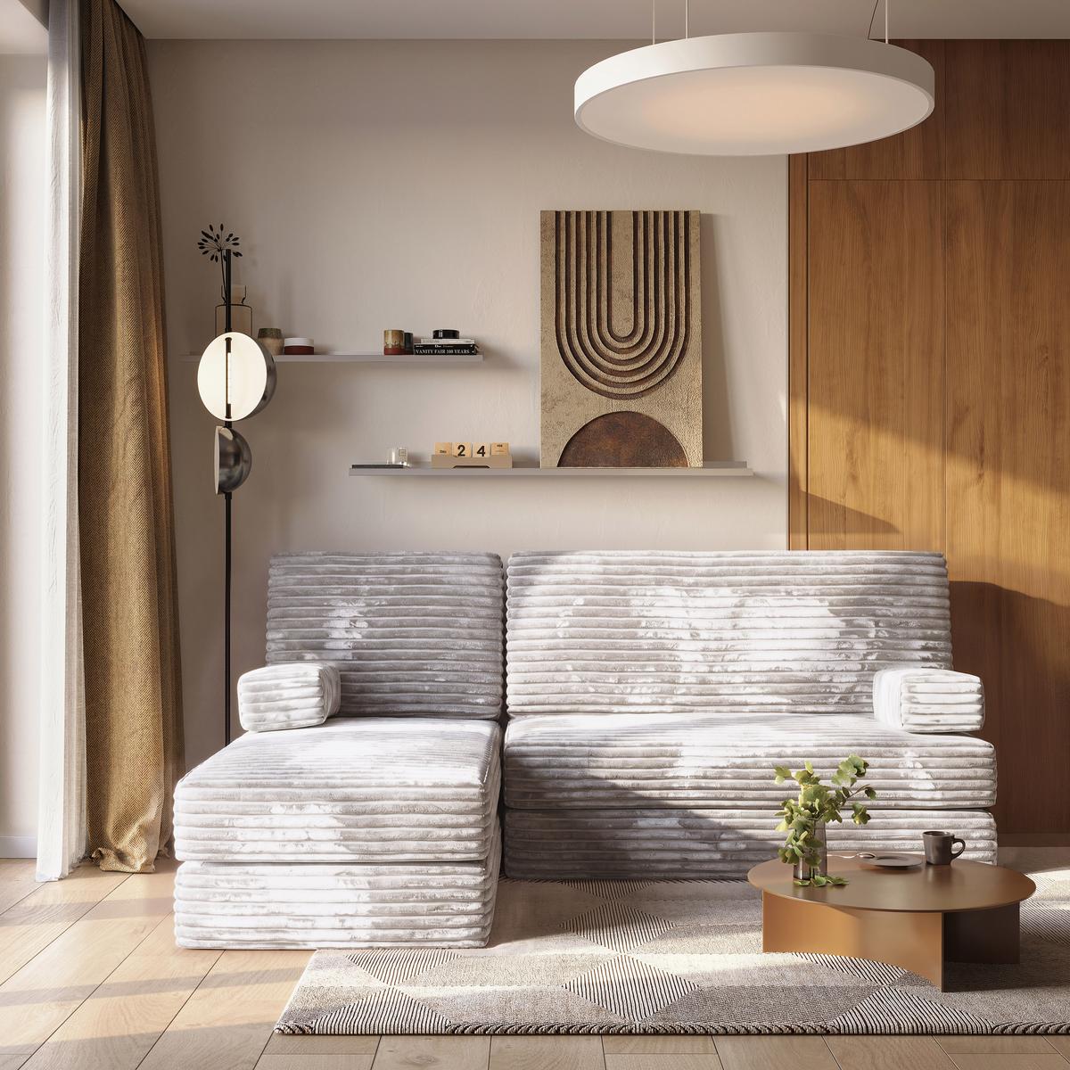 ECKSOFA NOTIA modulares Boneless Sofa mit Schlaffunktion Hellgrau Kordstoff - Grau, Textil (200/120cm) - MASSENO