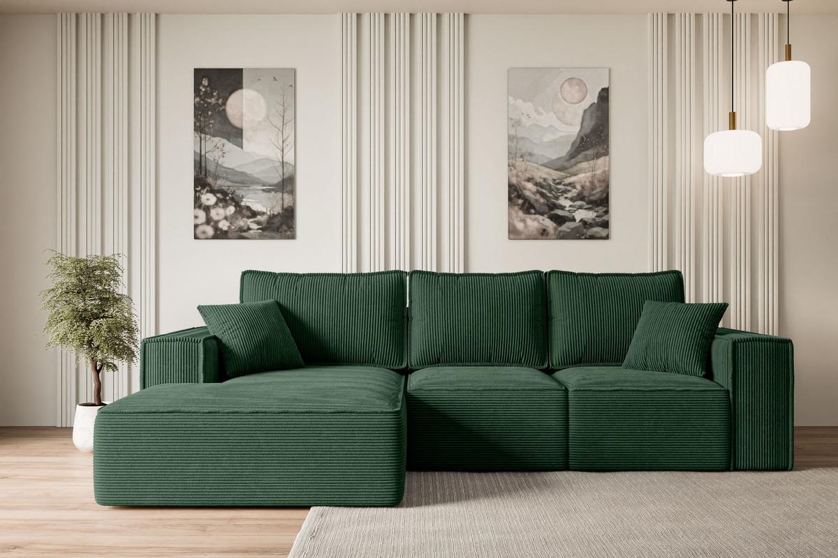 ECKSOFA mit Schlaffunktion und Bettkasten SERRA-L-S - 266x161x87 cm Grün Cord - Schwarz/Grün, Holzwerkstoff/Kunststoff (266/161cm) - ALTDECOR