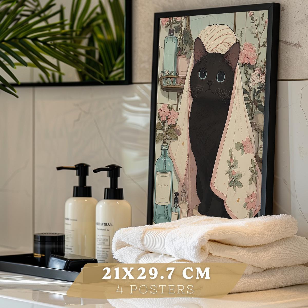 POSTER 4er-Set dekorative Kunstdrucke, schwarze Katze im Badezimmer, niedliches Blumenposter für Toilette, Schlafzimmer, sanfter Schwarzer Rahmen A4 - Schwarz, Papier (29.7/21/3cm) - Nacnic