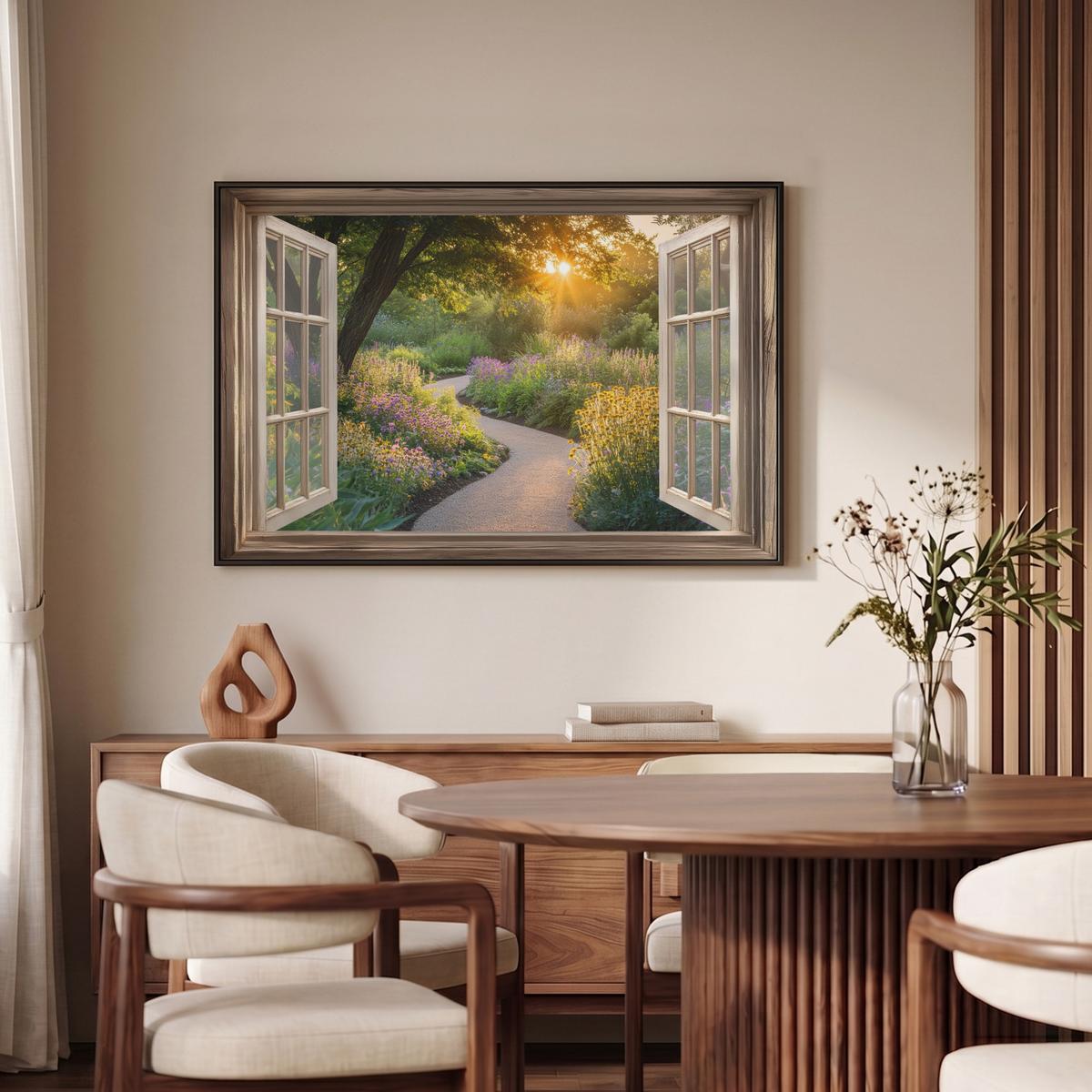 LEINWAND Bilder mit Rahmen - Aussicht - Blumen - Natur - Sonne - Weg - 90x60 - Hellgelb, Textil (90/60cm) - MuchoWow