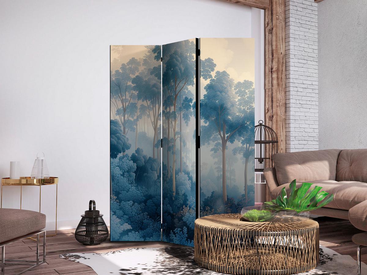 PARAVENT Akustik 3-tlg 135x172 cm Blauer Wald im Nebel - Blau, Holz/Textil (135/172/3cm) - Muralo