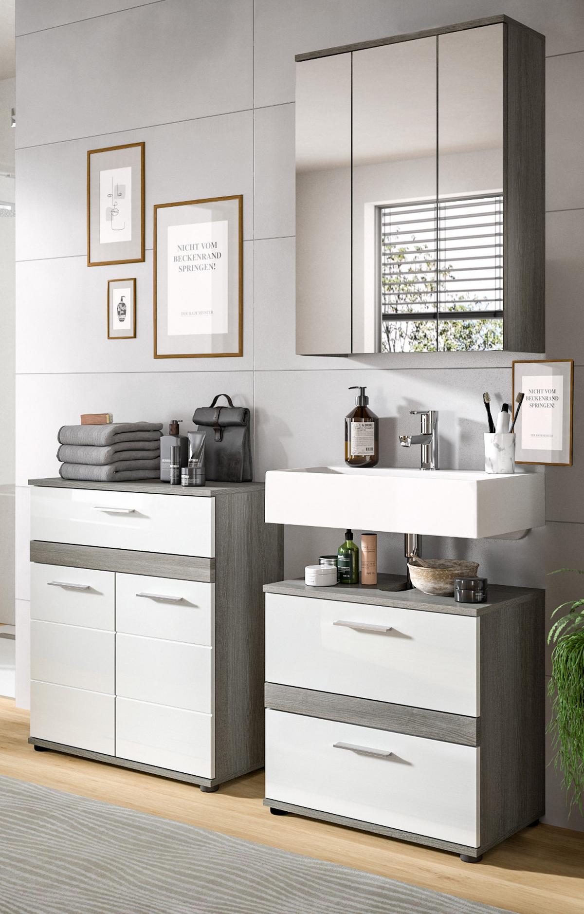 BADKOMMODE weiß Hochglanz, grau 71 cm, Badschrank mit Rillenoptik - Chromfarben/Weiß Hochglanz, Holzwerkstoff/Kunststoff (71/79/31cm) - Inn.Furn
