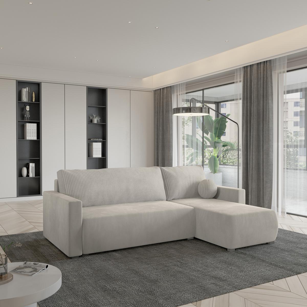ECKSOFA SORGE Creme Plüsch-Stoff mit Schlaffunktion - Creme, Holz (220/143cm) - MASSENO