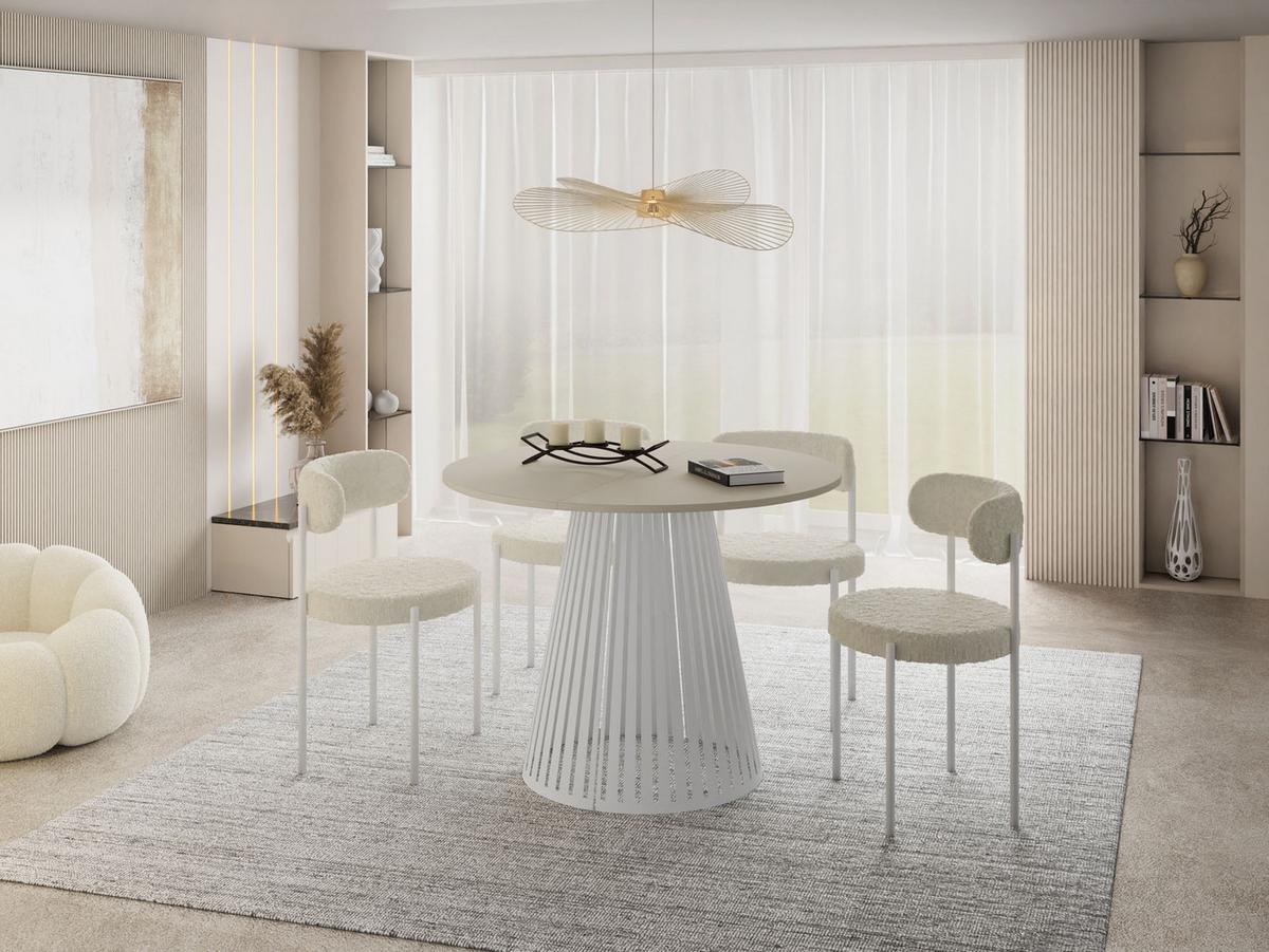 ESSTISCH Naro rund ausziehbar mit Weißem Lamellen-Metallgestell, Beige Cashmere 100-180/100/76 cm - Kaschmir/Beige, Holzwerkstoff/Metall (100/176/76cm) - WFL GROUP