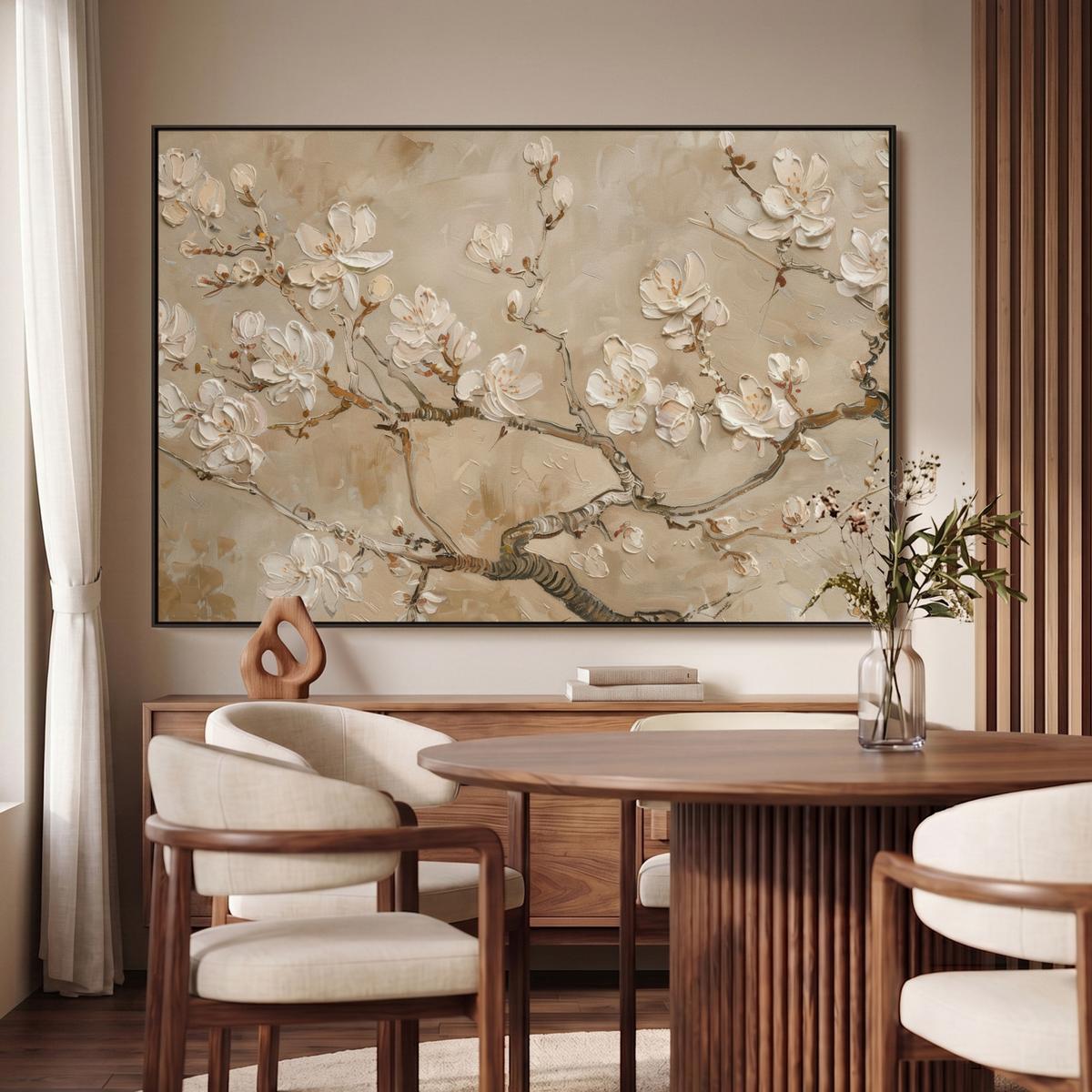 LEINWAND Bilder mit Rahmen - Blumen - Modern - Beige - Weiß - Blüte - 140x90 - Beige, Textil (140/90cm) - MuchoWow