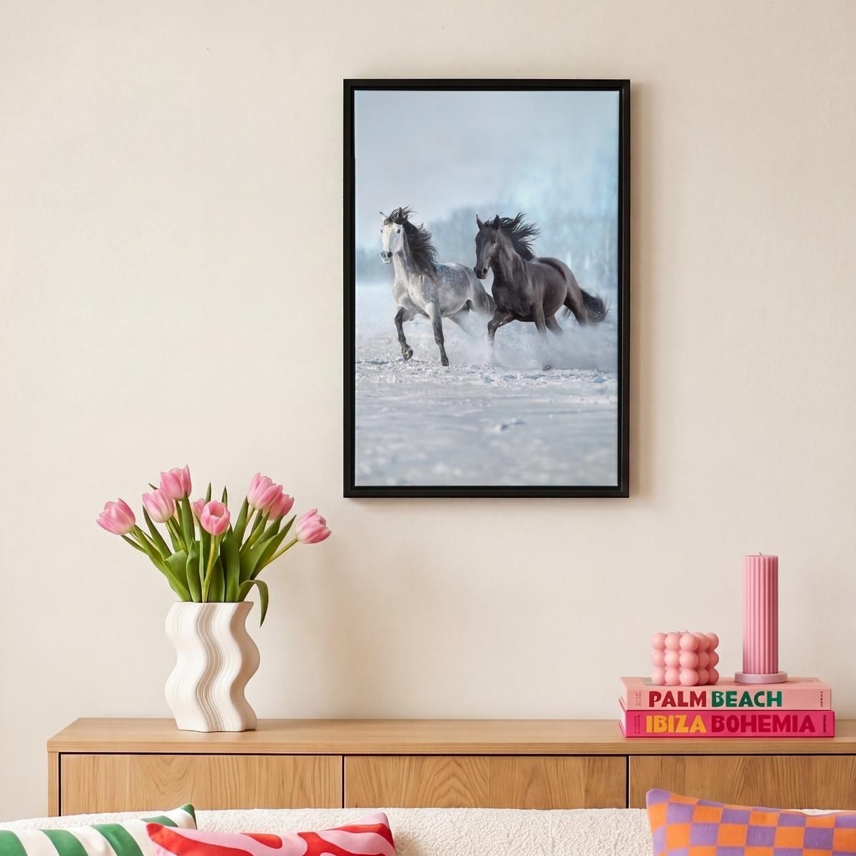 LEINWAND Bilder mit Rahmen - Pferde - Winter - Tiere - Natur - Schnee - 20x30 - Anthrazit, Textil (20/30cm) - MuchoWow