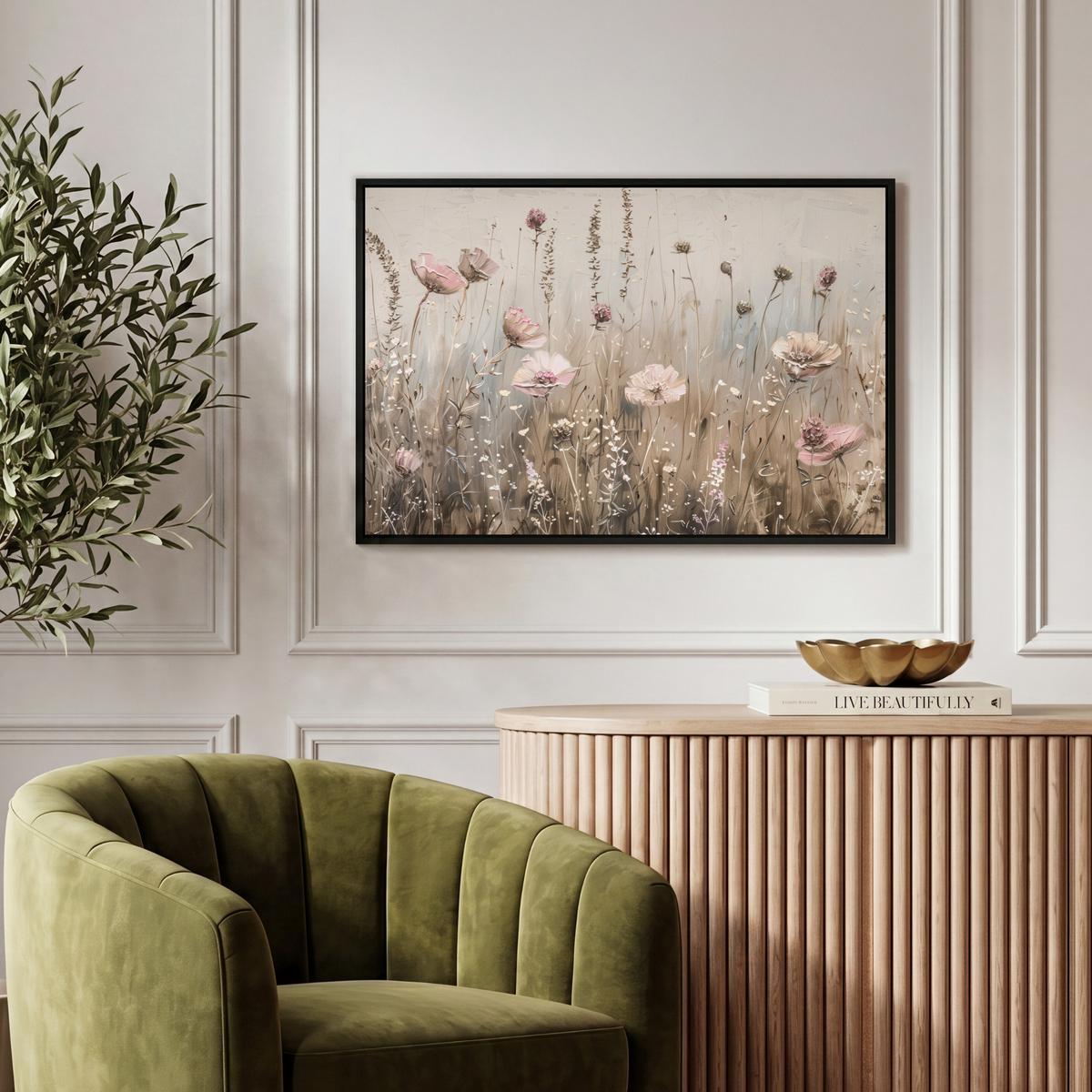 LEINWAND Bilder mit Rahmen - Blumen - Rosa - Modern - Beige - 60x40 - Beige, Textil (60/40cm) - MuchoWow