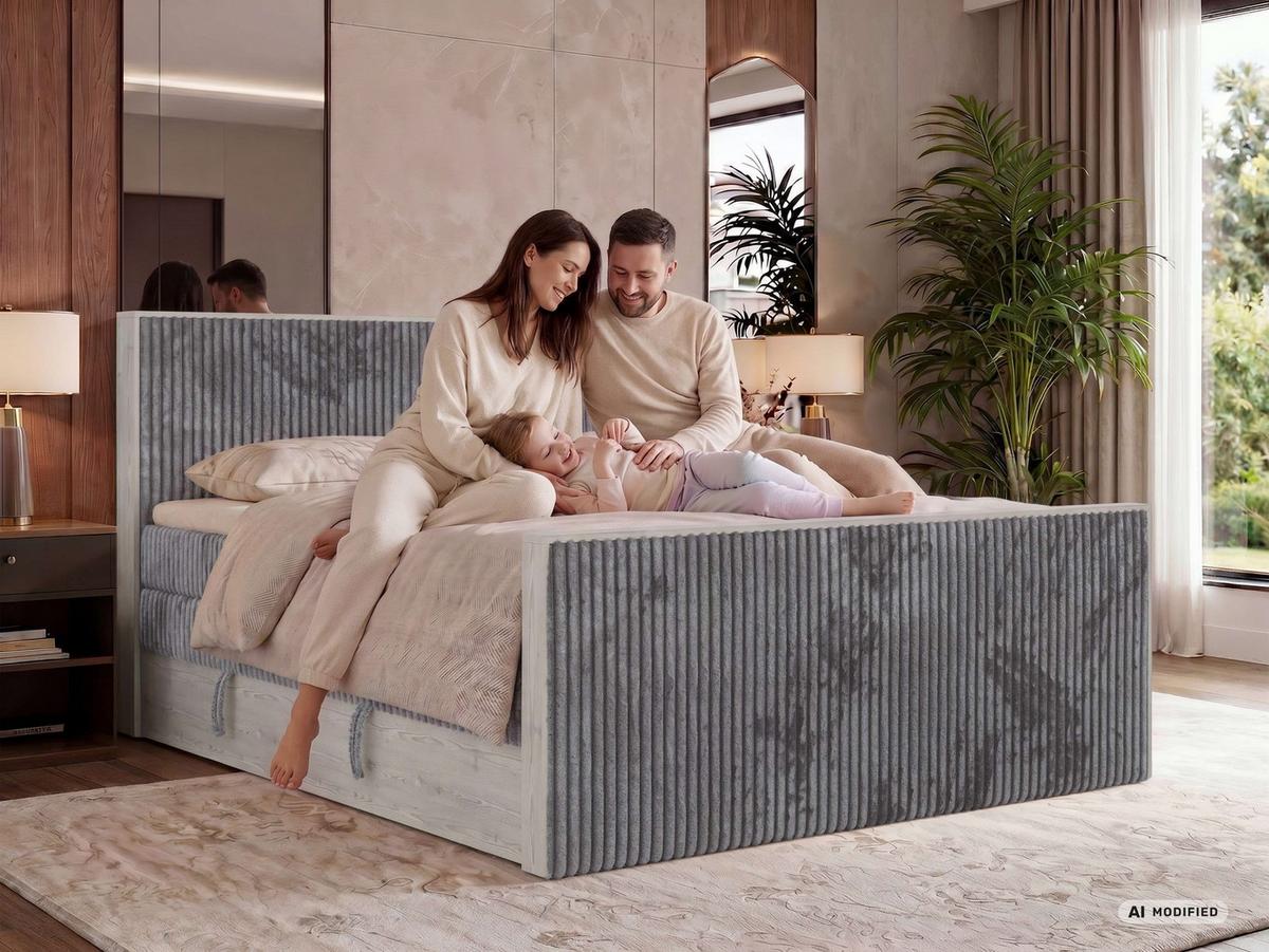 BOXSPRINGBETT NORDIC KING DUO 140/200 - Hellbraun Cord - Topper Visco - H3 - Hellbraun/Schwarz, Kunststoff/Textil (140/200cm) - MKS