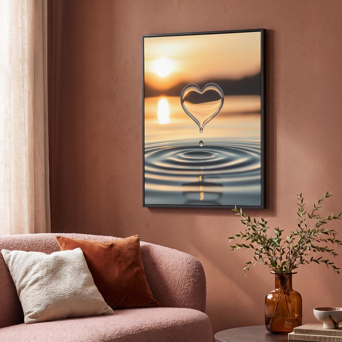 LEINWAND Bilder mit Rahmen - Herz - Wasser - Sonnenuntergang - Natur - Zen - 70x100 - Bernsteinfarben, Textil (70/100cm) - MuchoWow