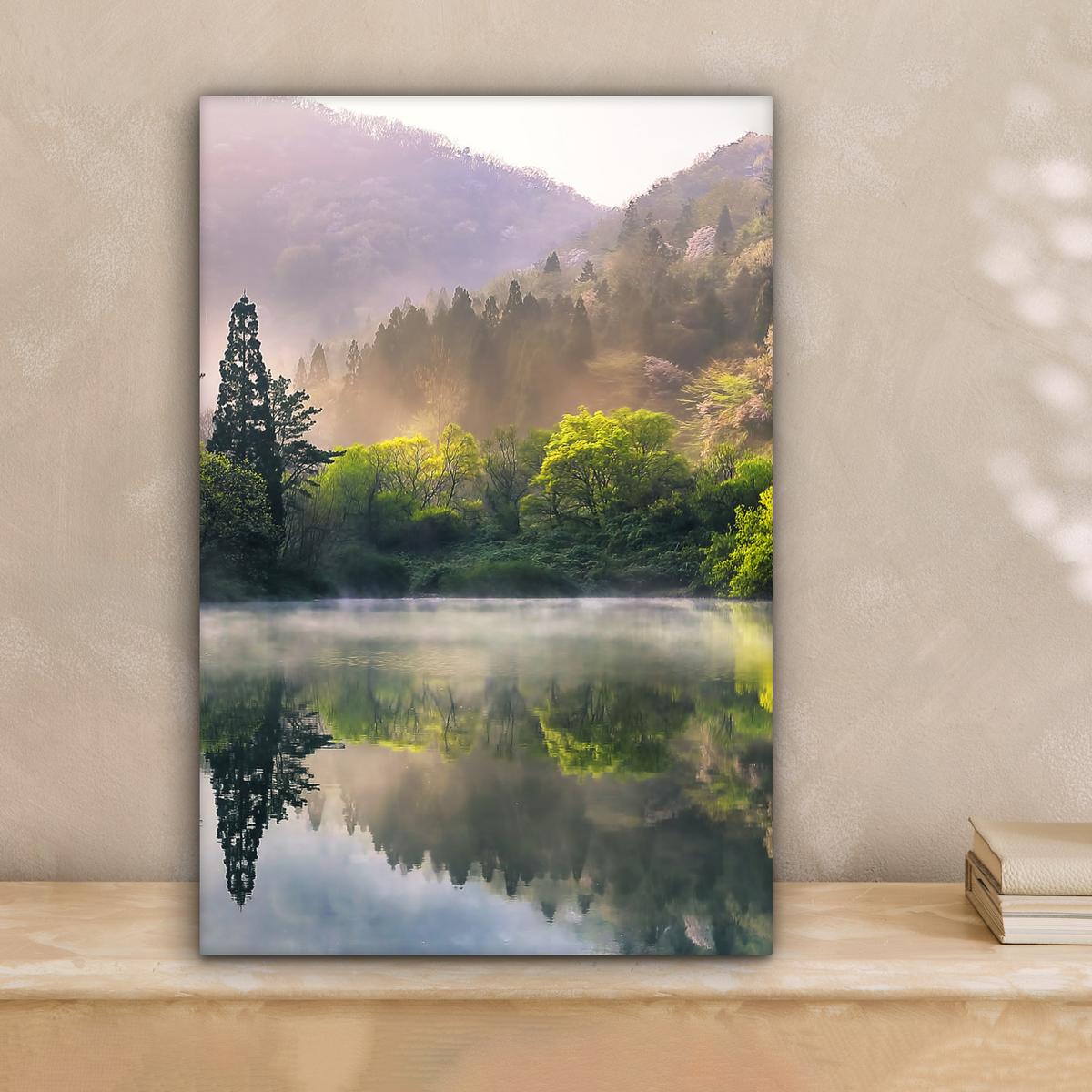 LEINWANDBILD Natur - Bäume - Berge - See - Wasser Deko Wohnzimmer 20x30 cm - Hellgrün, Textil (20/30cm) - MuchoWow