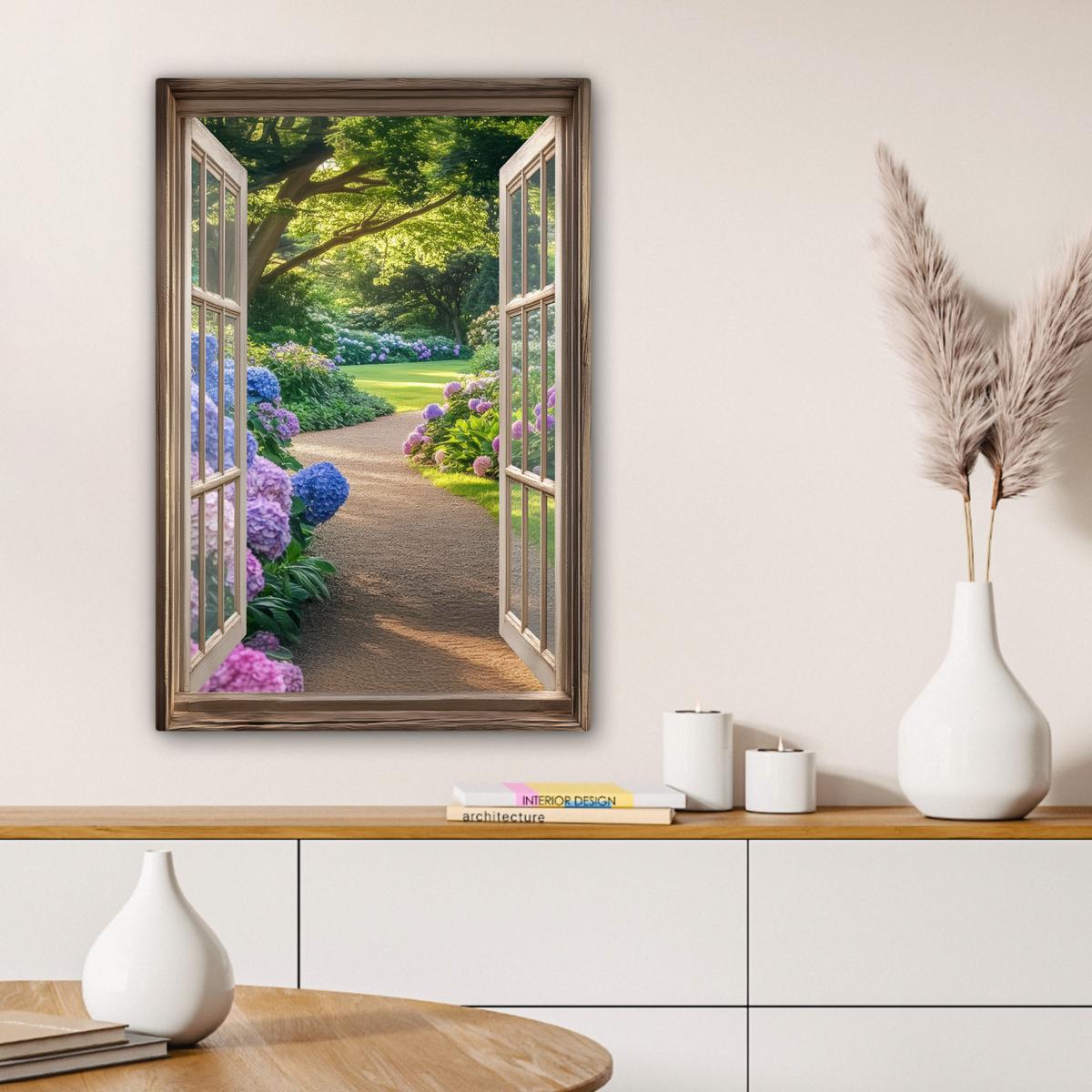 LEINWANDBILD Aussicht - Garten - Fenster - Hortensie - Blumen Wanddeko 40x60 cm - Pastellblau, Textil (40/60cm) - MuchoWow