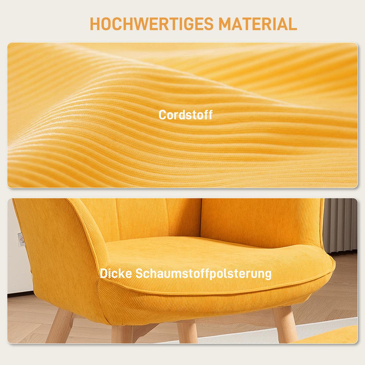 OHRENSESSEL mit Hocker, Relaxsessel, Polstersessel in Kordoptik, Loungesessel - Buchefarben/Orange, Holz/Buchenholz (80/101/72cm) - HOMCOM
