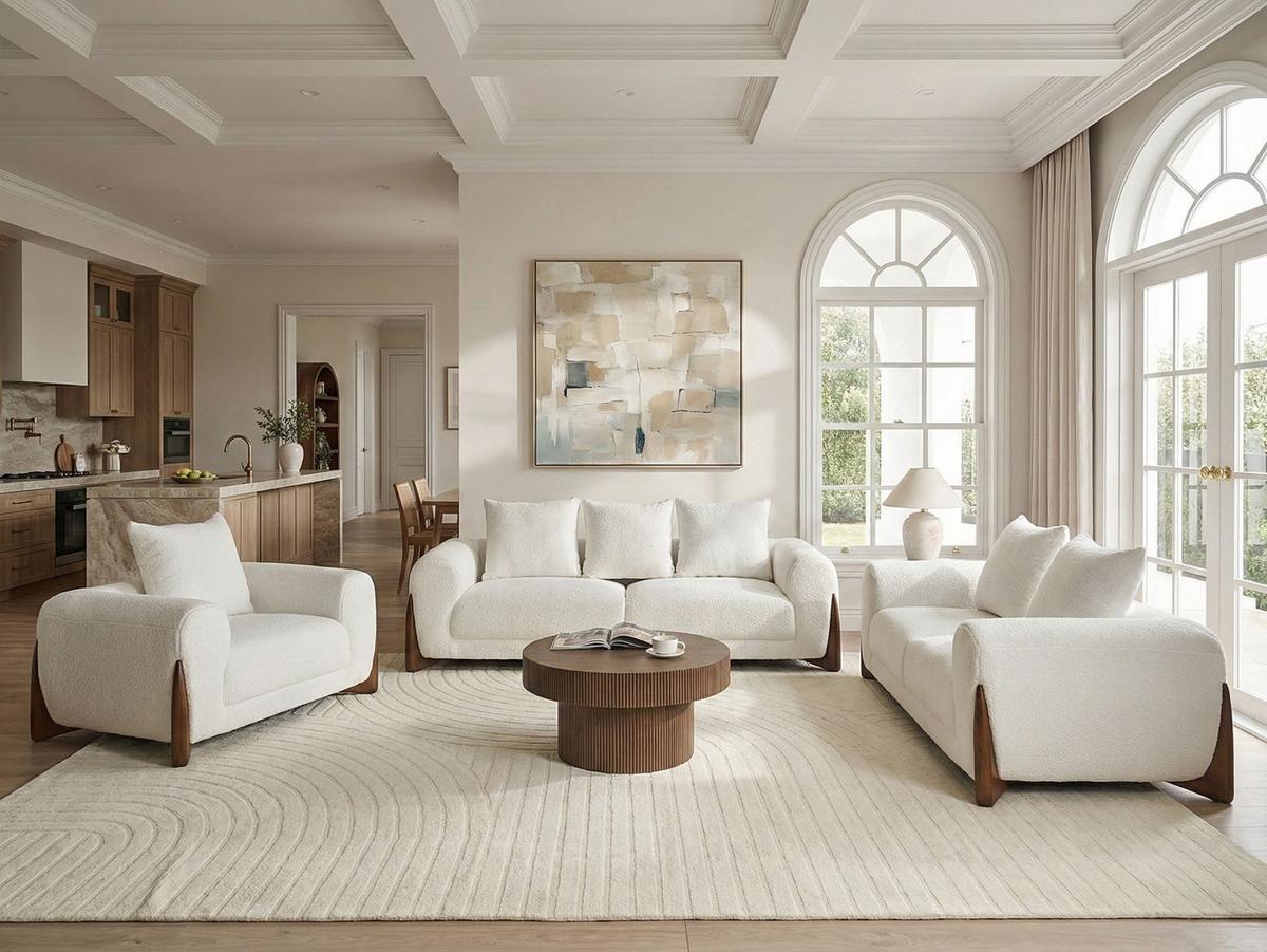 SOFA-SET 6-Sitzer Bouclé Weiß Vinliden - Weiß/Braun, Textil (217/82/87cm) - Beliani