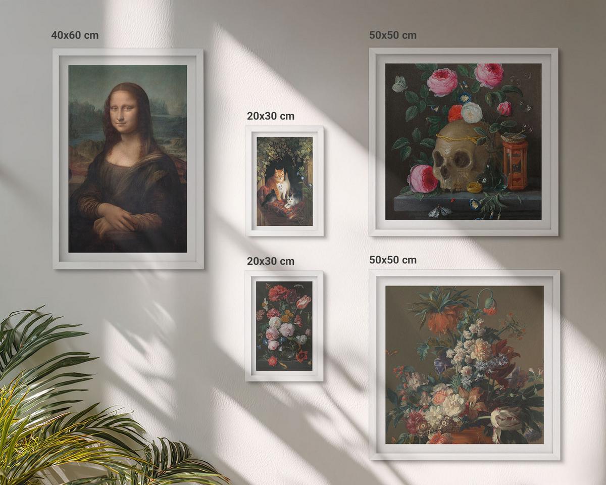 BILDER SET 5er Set - 50x50 cm & 20x30 cm & 40x60 cm Weißer Rahmen - Vintage Blumen Totenkopf Mona Lisa - Weiß, Kunststoff (40/60cm) - TULUP