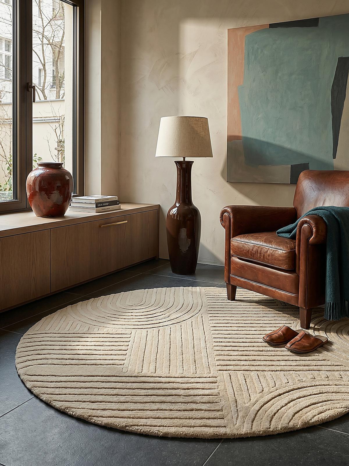 TEPPICH aus Wolle LEVEN in Natur, geometrisch, Ø 160 cm - Beige, Textil (160/160cm) - KADIMA DESIGN