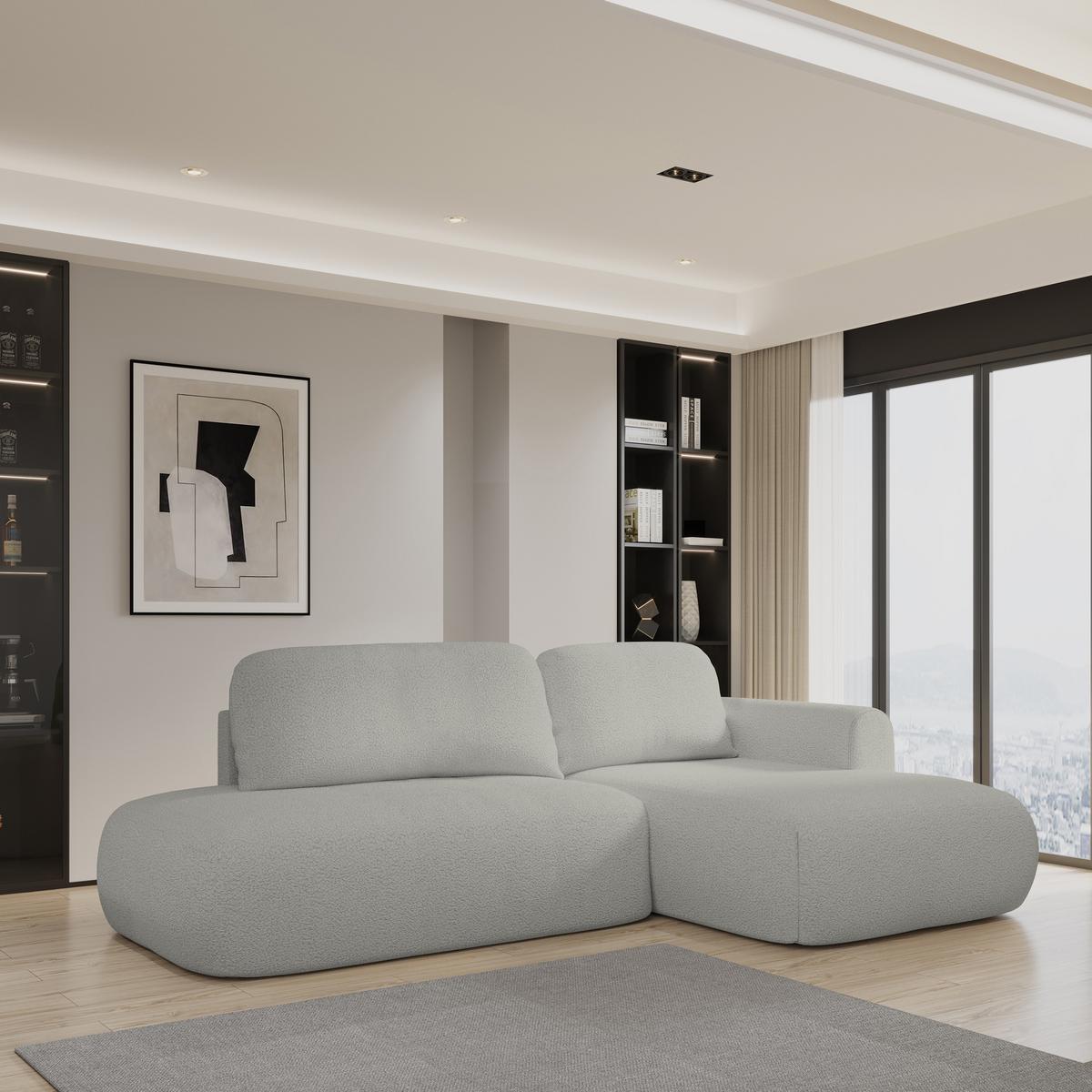 ECKSOFA NUVIRA R-S Hellgrau Boucle-Stoff mit Schlaffunktion - Hellgrau, Holz (279/158cm) - MASSENO
