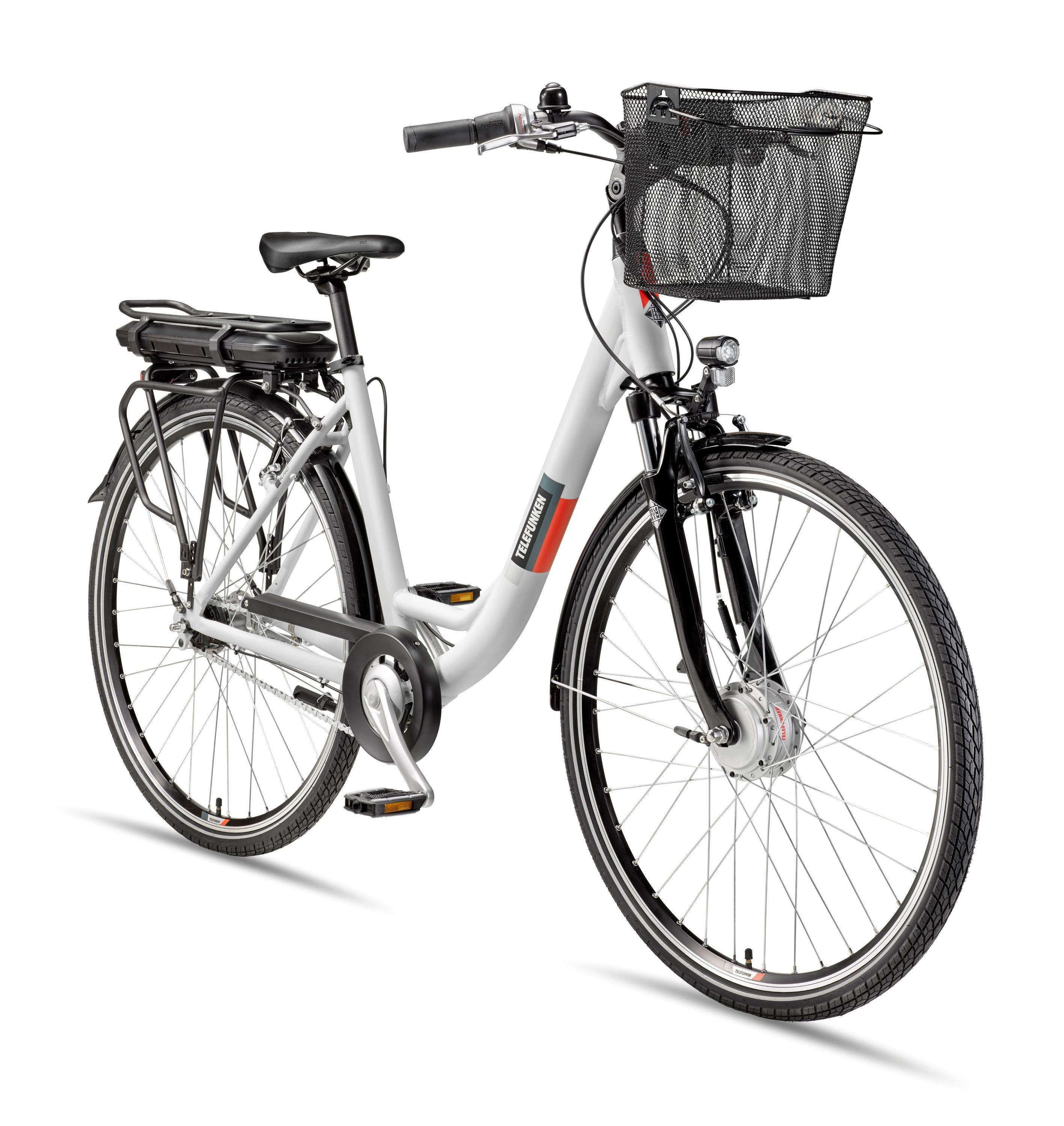 E-BIKE Cityrad Multitalent RC667 28 Zoll Elektrofahrrad 536,5 Wh Frontmotor 7-Gang-Kettenschaltung - Weiß, Metall (110cm) - Telefunken