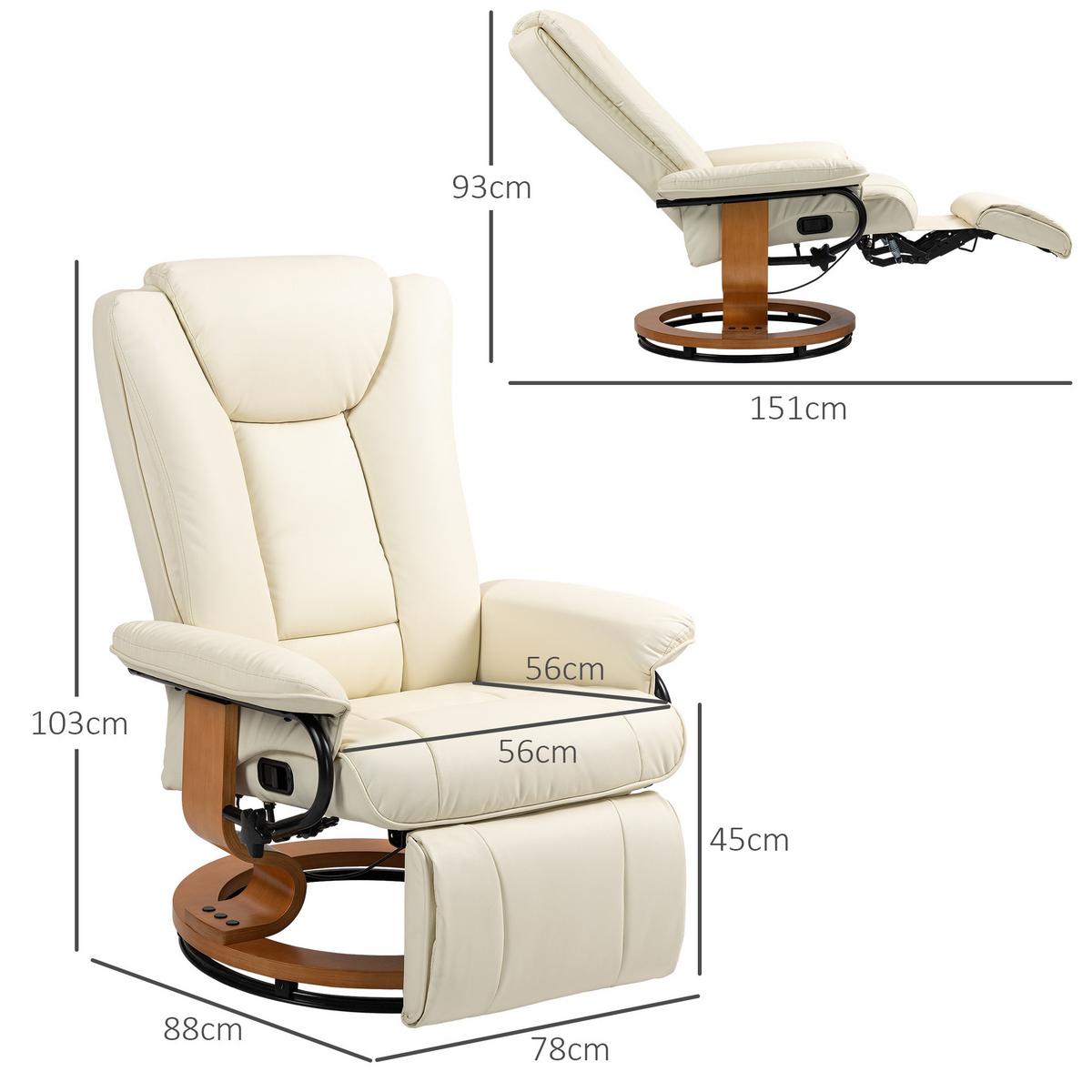 RELAXSESSEL Drehbar Fernsehsessel mit Liegefunktion, Fußstütze, Cremeweiß - Creme, Leder/Holzwerkstoff (88/103/78cm) - HOMCOM
