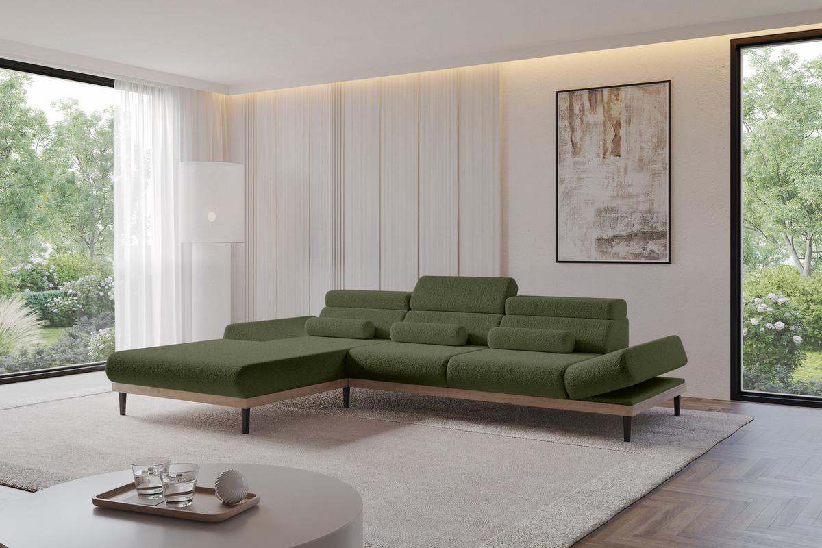 ELEKTRISCHES ECKSOFA Links MONA 316x205x85 Grün Bouclé - Olivgrün/Grün, Holzwerkstoff/Textil (316/205cm) - ALTDECOR