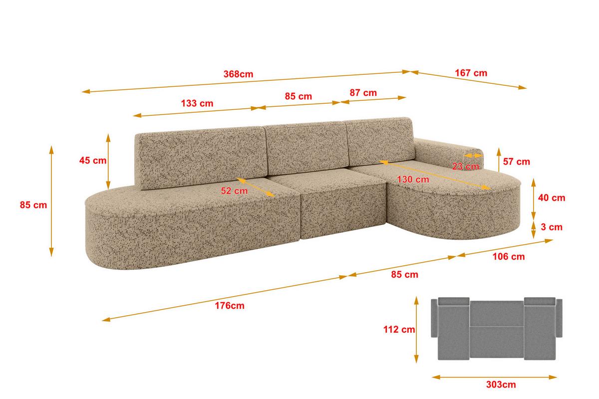 ECKSOFA mit Schlaffunktion Ottomane RECHTS MARI L2-S 368X167X85 Braun Velours - Eichefarben/Schwarz, Holzwerkstoff/Kunststoff (167/368cm) - ALTDECOR